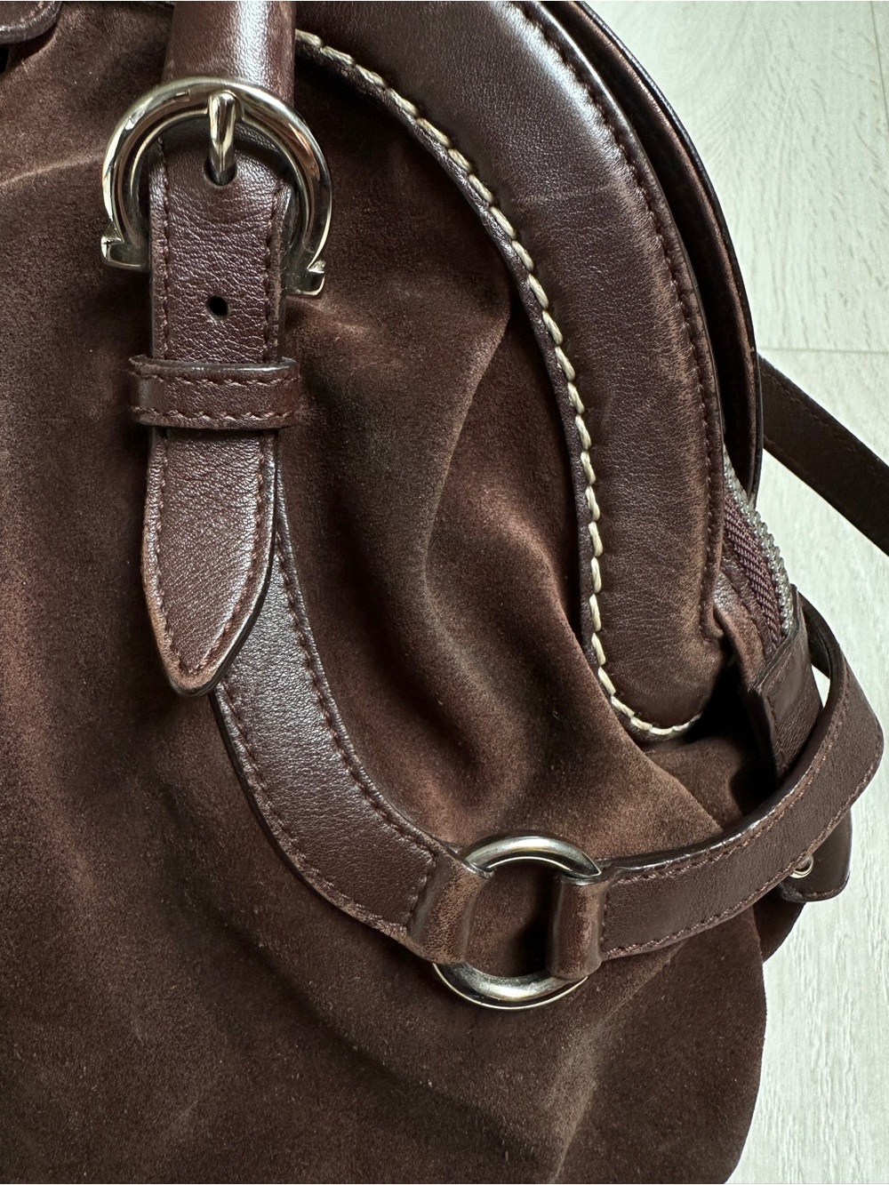 Vtg Salvatore Ferragamo Chocolate Suede & Leather Handbag Shoulder Bag Dome Bag - Picture 9 of 16
